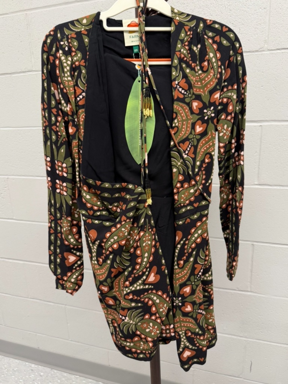 Farm Rio NWT Printed Mini Dress XXS Long Sleeve Beaded Tie Waist Statement Boho